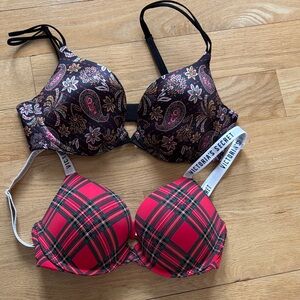 TWO Victoria’s Secret Push up Bras McIntosh PLAID and BLACK PAISLEY 34C NEW❤️💚🖤